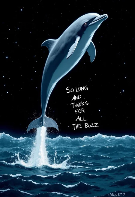 A photograph postcard of a dolphin, leaping from the ocean water into the sky, leaping into space. A black background of stars and nebulae. Printed over the postcard is a text that reads: "SO LONG, AND THANKS FOR ALL THE BUZZ"