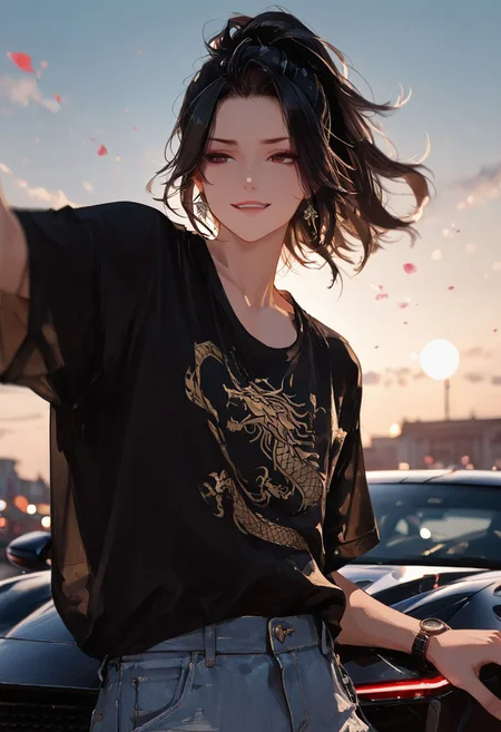 masterpiece, best quality, good quality, very aesthetic, absurdres,
newest, 8K, depth of field, focused subject,visual storytelling,dynamic composition,
close up, stylized, scenery, bokeh,blurred background,
Black Myth Wukong, male sun wukong,
chinese mythology,( dynamic pose:1.3), smirking face,
upper body focus,
casual clothes, wearing luxurious jeans and luxurious black t-shirt with gothic design, expensive black watch
windblown hair,
dramatic sky, celestial clouds, floating mountains, mythic scale, sakura petals, mystic mist,
cinematic composition, backlighting, volumetric light, vegas city scene, symbolic environment, god-tier illustration,(sketch:1.3), laying on a lamborghini aventador with spoiler and body kit (car is black, chrome carbon fiber details)
