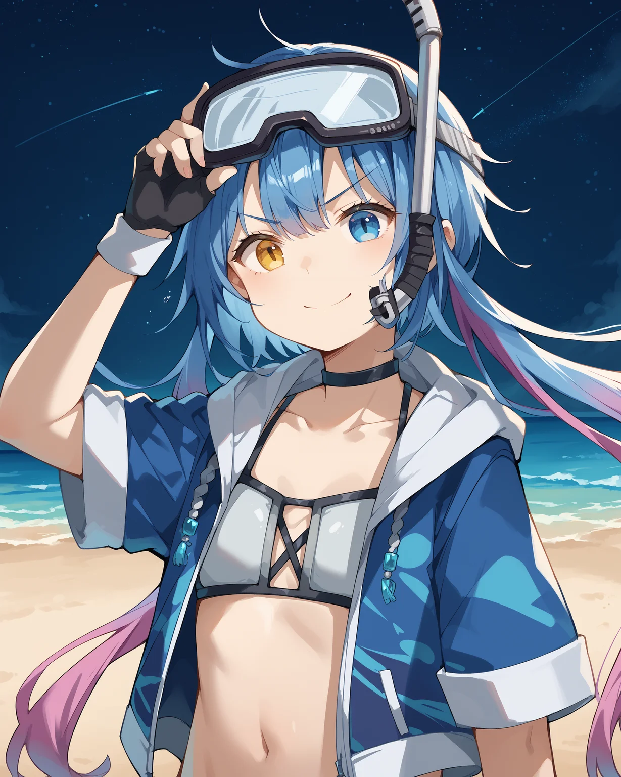 score_9, score_8_up, score_7_up, source_anime, <lora:spp-1v101e18:1> SPP-1, 1girl, solo, long hair, blue hair, low twintails, gradient hair, pink hair, blue eyes, heterochromia, yellow eye, snorkel, 
goggles on head, black choker, blue jacket, open jacket, short sleeves, white bikini, black fingerless gloves, cropped torso,
holding goggles, smile, v-shaped eyebrows,
upper body,  beach, dark, night sky,