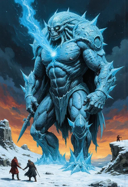 A towering golem of jagged ice and ancient stone, its body etched with glowing frost runes and encrusted with centuries of snow, it stands in the middle of a desolate tundra, its hollow eyes glowing faintly with blue flame, surrounding it are the frozen remains of past challengers—knights encased in ice, shattered weapons, and skeletal remains, when it moves, the ground trembles, and its breath creates violent flurries of snow, the composition channels the epic, exaggerated proportions of Frank Frazetta, with dramatic poses and stark contrasts between the frozen landscape and the creature’s glowing core.
, Vibrant, grotesque, and surreal with bold contrasts, heavy black outlines, and a blend of dreamlike autumnal hues; a mix of neon, retro, and pagan elements, inspired by Sean Aaberg’s punk-infused, chaotic energy and dreamcore's eerie, nostalgic undertones