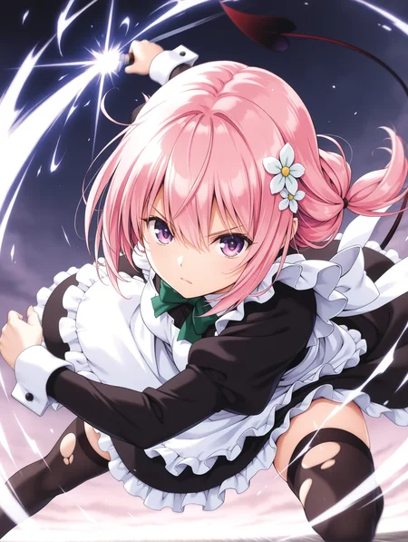 masterpiece,best quality,newest,
1girl,solo,
<lora:momo_ilxl_v2.4:0.8>,momo,pink hair,purple eyes,low twintails,white flower hair ornament,demon tail,
black_thighhighs,
<lora:Fixhands_anime_bdsqlsz_V1:1>,looking at viewer,(motion_blur:1.3),(motion line:1.2),(speed_lines:1.1),fighting_stance,aura effect,fighting,dynamic_angle,cinematic_angle,serious,flying,maid,torn clothes,