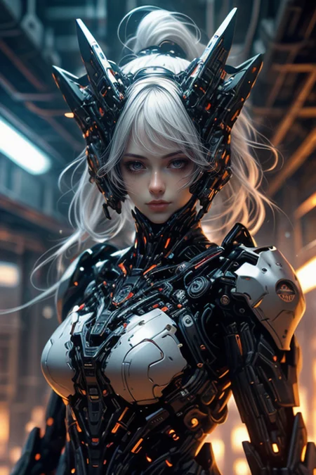 at distance,robot,roblit,white orange armor,white shimmering hair,neon light,8K,RAW,best quality,masterpiece,ultra high res,colorful,(medium wide shot),(dynamic perspective),sharp focus,depth of field,extremely detailed eyes and face,beautiful detailed eyes,large breasts,(black gold, trimmed gear:1.2),(In a futuristic weapons factory:1.2),<lora:robotbattle:0.7>,
<lora:Concept_-_Hella-sthetic_v2:0.7>,, intricate, elegant, highly detailed, symmetry, magical atmosphere, sharp focus, majestic, very coherent, radiant, advanced, cinematic, artistic, fine detail, winning, beautiful, stunning, dramatic light, designed, rich deep colors, perfect professional background, ambient, tailored set composition