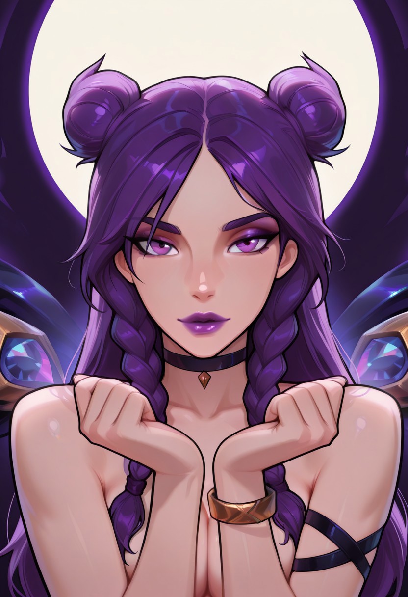 masterpiece, best quality, 2d, mrporty,detailed,
BREAK,
1girl, solo, kdakaisa, long hair, purple eyes, purple hair, twin braid, k/da (league of legends), double bun, bracelet, makeup, purple lipstick, black choker,  naked, seductive, looking at viewer, standing, upper body, portrait, dynamic pose