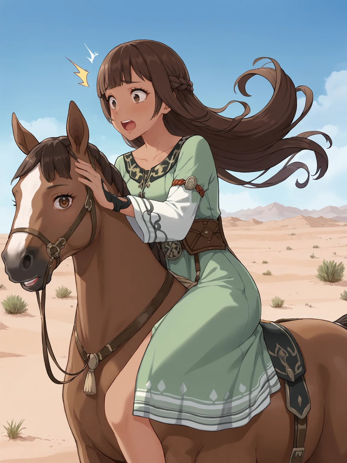 score_9, score_8_up, score_7_up, source_anime, BREAK
<lora:age_slider_v4:0>, (detailed eyes, detailed face, beautiful eyes, long eyelashes, thick eyelashes:1.5), (desert, riding a horse,on horse back, saddle, size difference:1.5), horse, holding reins, saddle, wavy mouth, (open, upper teeth only, surprise, scared:1.5), (cowboy shot, hugging horse:1.3)
 <lora:Genshin_NPC_NerminRaef_Pony_v1:0.75>, gnermin, brown hair, brown eyes, bangs, (very long hair:1.3), (floating hair:1.5), (dark skin, very dark skin:1.5), green dress, (long dress:1.3), long sleeves, wide sleeves, white sleeves, sandals, black footwear, black bridal gauntlets, braid, (looking away:1.5), (wide hips:1.5), collarbone, bare legs,