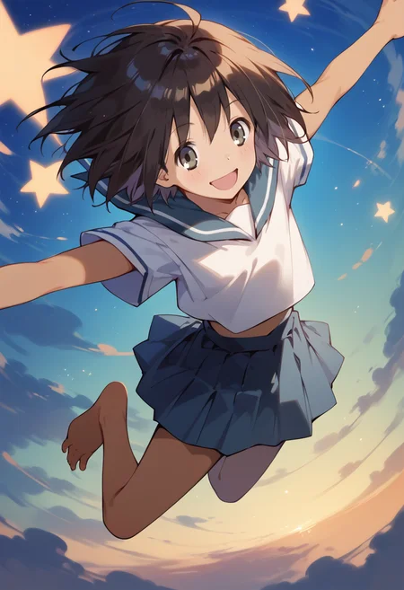 score_9, score_8_up, score_7_up, best quality, masterpiece, source_anime, zPDXL2, BREAK , 1girl, solo,  sekiuchi maria tarou, serafuku, barefoot ,dark skin,  Jumping in a star shape ,   <lora:sekiuchi_maria_tarou:1>