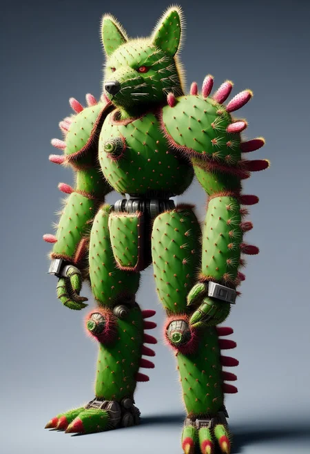 score_9, score_8_up, score_7_up, cs-l3ath3r, NCRender,
Hidegarurumon is a fierce, wolf-like Digimon covered in rugged, dark brown Prickly Cactus armor. Its fur is sparse and resembles a patchwork of aged, Prickly Cactus pieces that provide both flexibility and durability. The armor on its body is reinforced with Prickly Cactus straps and buckles, designed to offer both protection and mobility. Its glowing yellow eyes shine through a mask-like Prickly Cactus faceplate, and sharp Prickly Cactus claws extend from its paws, capable of tearing through most materials. A large, jagged Prickly Cactus tail swishes behind it, hardened to serve as both a weapon and a tool for balance in combat. NCRender