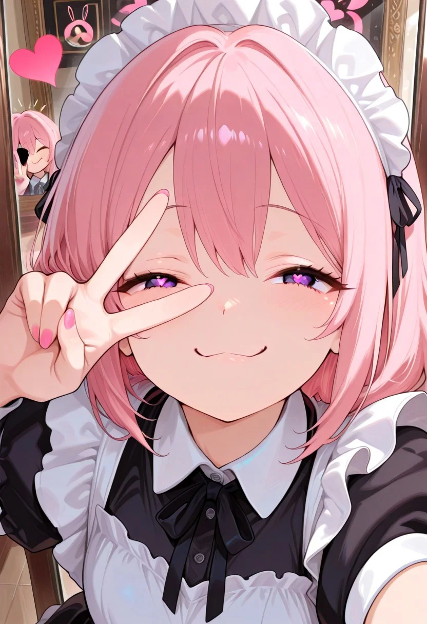 score_9, score_8_up, score_7_up, masterpiece,best quality,amazing quality, absurdres, 4k, (negative_v2 Color_Balance_Calibration:0.8). easynegative, anime style, source anime, 1girl, solo, smug, CivChan,purple eyes, pink hair, peace sign, (selfie), closed mouth, ((fingers over one eye)), wink, cute face, in front of mirror, ray tracing, detailed background, dynamic angle, 748cmstyle, tilted head a bit, slightly from above angle, perfect figure, nail polish, pink nails, heart shaped pupil, open eyes