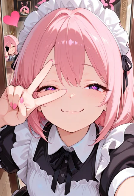 score_9, score_8_up, score_7_up, masterpiece,best quality,amazing quality, absurdres, 4k, (negative_v2 Color_Balance_Calibration:0.8). easynegative, anime style, source anime, 1girl, solo, smug, CivChan,purple eyes, pink hair, peace sign, (selfie), closed mouth, ((fingers over one eye)), wink, cute face, in front of mirror, ray tracing, detailed background, dynamic angle, 748cmstyle, tilted head a bit, slightly from above angle, perfect figure, nail polish, pink nails, heart shaped pupil, open eyes