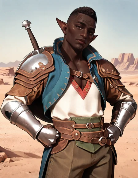 masterpiece, best quality, absurdres, newest, perfect quality, best quality, absolutely eye-catching, detailed background, intricate details, realistic, male focus, <lora:Dragon Age Veilguard - Davrin - Illustrious-000009:0.7>, dav_davrin, 1boy, mature male, elf, pointy ears, very dark skin, curly hair, buzz cut, dark brown eyes, facial tattoo, white shirt, v-neck, pants, coat, side cape, gauntlets, single pauldron, contrapposto, looking at viewer, cowboy shot, hands on hips, outdoors, desert, head tilt, shield on back, sword