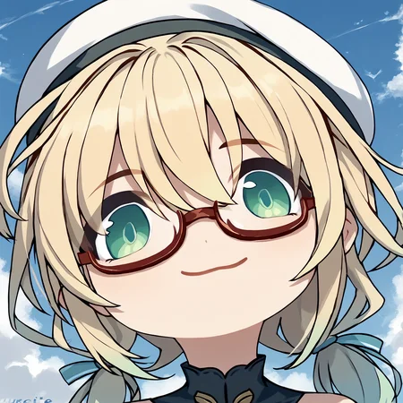 score_9, score_8_up, score_7_up, score_6_up, score_5_up, source_anime,
<lora:hachi.pony.v2:1>, hachi, aaa, blonde hair with green tips, green eyes, white beret, red glasses,
<lora:meme_mutsukiface_ponyXL:1>, mutsukiface, chibi, portrait, smile, closed mouth, portrait,