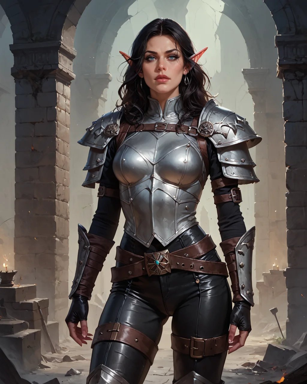 score_9, score_8_up, score_7_up, zPDXL, High Elf rogue, death themed rogue armor, layered leather armor, deep black hair, leather pants, leather armor top, (standing in a dark castle dungeon), pale skin, expensive jewelry, thigh high boots BREAK, black gloves, dark gothic make up, beautifulillustration, line art, highly detailed, perfect quality, high quality, realism, realistic,,<lora:Expressive_H-000001:0.8>,,<lora:Concept Art Twilight Style SDXL_LoRA_Pony Diffusion V6 XL:0.8>,,<lora:sinfully_stylish_SDXL>,