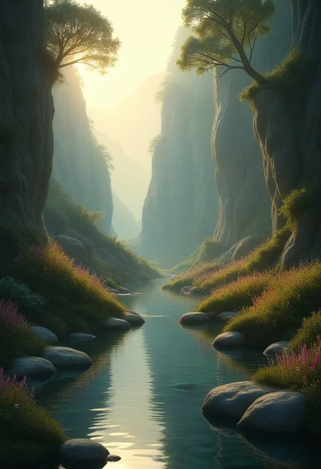 A serene fantasy landscape with intricate detail, soft lighting casting a warm glow over rolling hills and dense forests. The mood is peaceful yet magical, from a low-perspective angle that emphasizes vastness and wonder. The setting includes crystal-clear streams and vibrant wildflowers. Textures like smooth stone, detailed plant life, and reflective water surfaces add depth. Genres blend seamlessly into the scene's natural beauty. This prompt ensures a balance of detail and creativity to bring the image to life.
