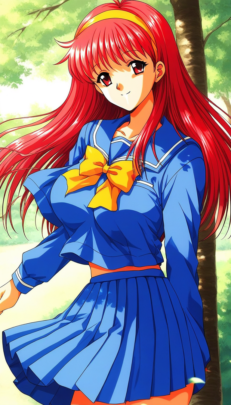 score_9, score_8_up, score_7_up, source_anime, rating_explicit, BREAK  <lora:Fujisaki_Shiori_XL:1> FujisakiShiori, long hair, Yellow hairband, red hair, red eyes, large breasts,
1girl, solo, school uniform, skirt, blue serafuku, long sleeves, blue skirt, blue long sleeve,
yellow bow, pleated skirt, bow, blue sailor collar,
outdoor, sky, tree, smile, 1990s \(style\), game cg style,
face up,