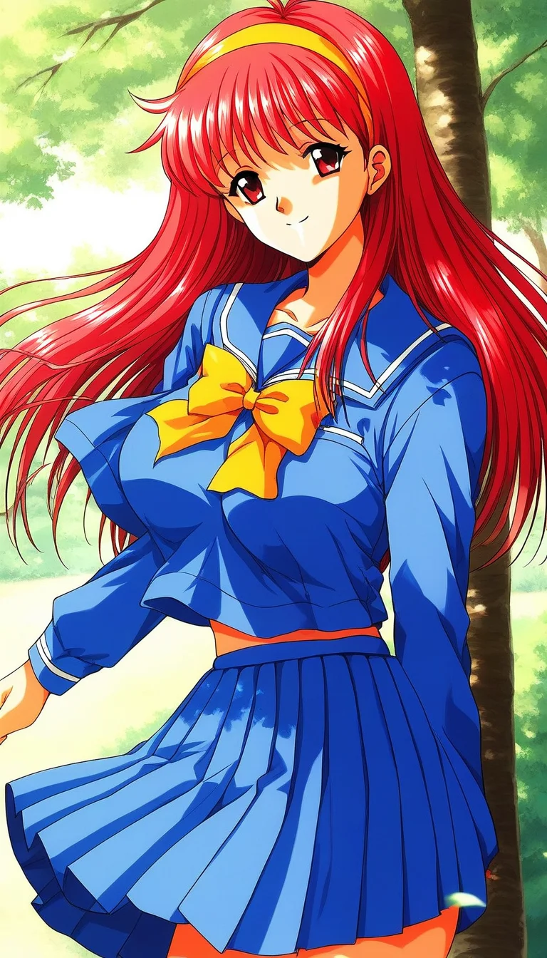 score_9, score_8_up, score_7_up, source_anime, rating_explicit, BREAK <lora:Fujisaki_Shiori_XL:1> FujisakiShiori, long hair, Yellow hairband, red hair, red eyes, large breasts,
1girl, solo, school uniform, skirt, blue serafuku, long sleeves, blue skirt, blue long sleeve,
yellow bow, pleated skirt, bow, blue sailor collar,
outdoor, sky, tree, smile, 1990s \(style\), game cg style,
face up,
