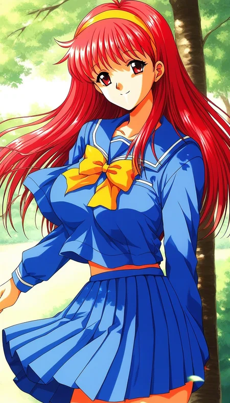 score_9, score_8_up, score_7_up, source_anime, rating_explicit, BREAK <lora:Fujisaki_Shiori_XL:1> FujisakiShiori, long hair, Yellow hairband, red hair, red eyes, large breasts,
1girl, solo, school uniform, skirt, blue serafuku, long sleeves, blue skirt, blue long sleeve,
yellow bow, pleated skirt, bow, blue sailor collar,
outdoor, sky, tree, smile, 1990s \(style\), game cg style,
face up,