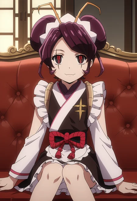 score_9, score_8_up, score_7_up, source_anime, 2d, Entoma Vasilissa Zeta, 1girl, burgundy hair, short hair, twin buns, insect antennae, porcelain face, red-black eyes, black eyes scars, chinese dress, maid hairband, anime coloring, anime screencap, detailed eyes, zPDXL, perfect faces, uncensored, rating_explicit, <lora:entoma_vasilissa_zeta_0-000045:0.8>, sitting on sofa, legs