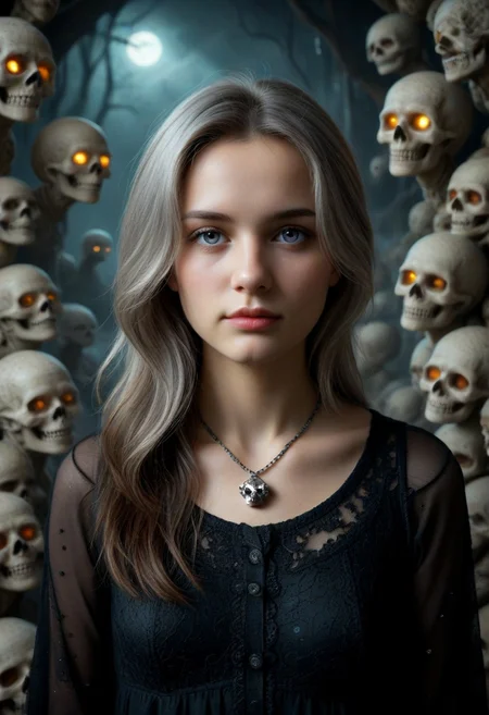 1girl, black dress, cowboy shot, dynamic view, no pattern dress, Hd, high quality, ultra realistic, detailed, slimes_skullwm, made of skulls, spooky skull background, light smile, PG, no teeth, portrait, looking afar, stoic, brunette, beautiful, necklace, faint glowing pupils, dim light, silver hair