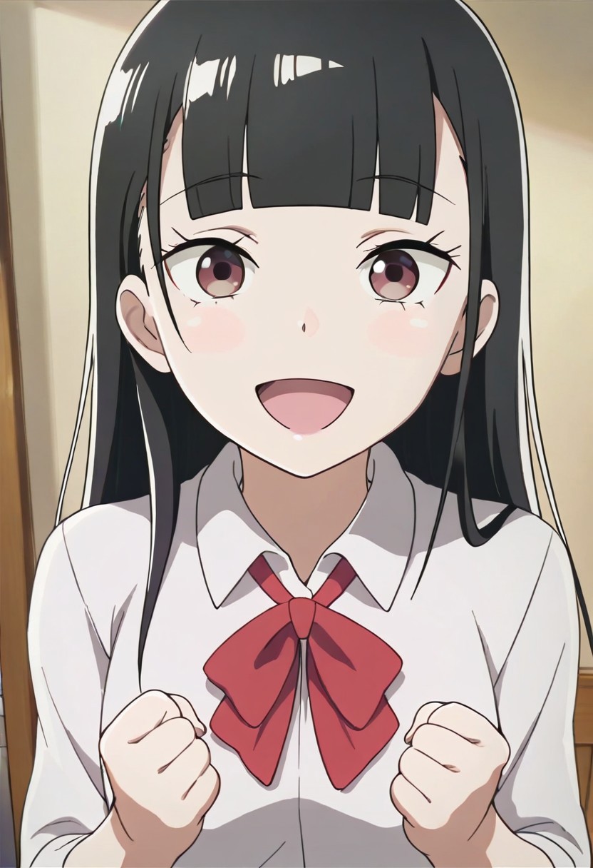masterpiece,best quality,amazing quality, kobuchizawa shirase, long hair, black hair, reddish-brown eyes, 1girl, solo, open mouth, smile, shirt, :d, clenched hands, bow, looking at viewer, white shirt, school uniform, red bow, blunt bangs