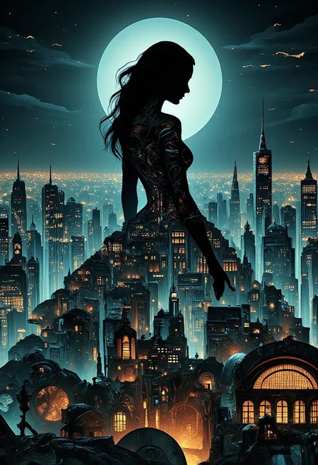 (steampunk woman:1.4), silhouette of a nude beautiful woman, amazing depth, double exposure, belighted steampunk skyline, by night, surreal, pattern, geometric patterns, intricately detailed, perfectly balanced, deep fine edges, artistic photorealism, photorealism, vivid colors, 8K, UHD, many details, extreme detailed, full of details, <lora:SDXLFaeTastic2400:1>, <lora:210432_training_data:.5>