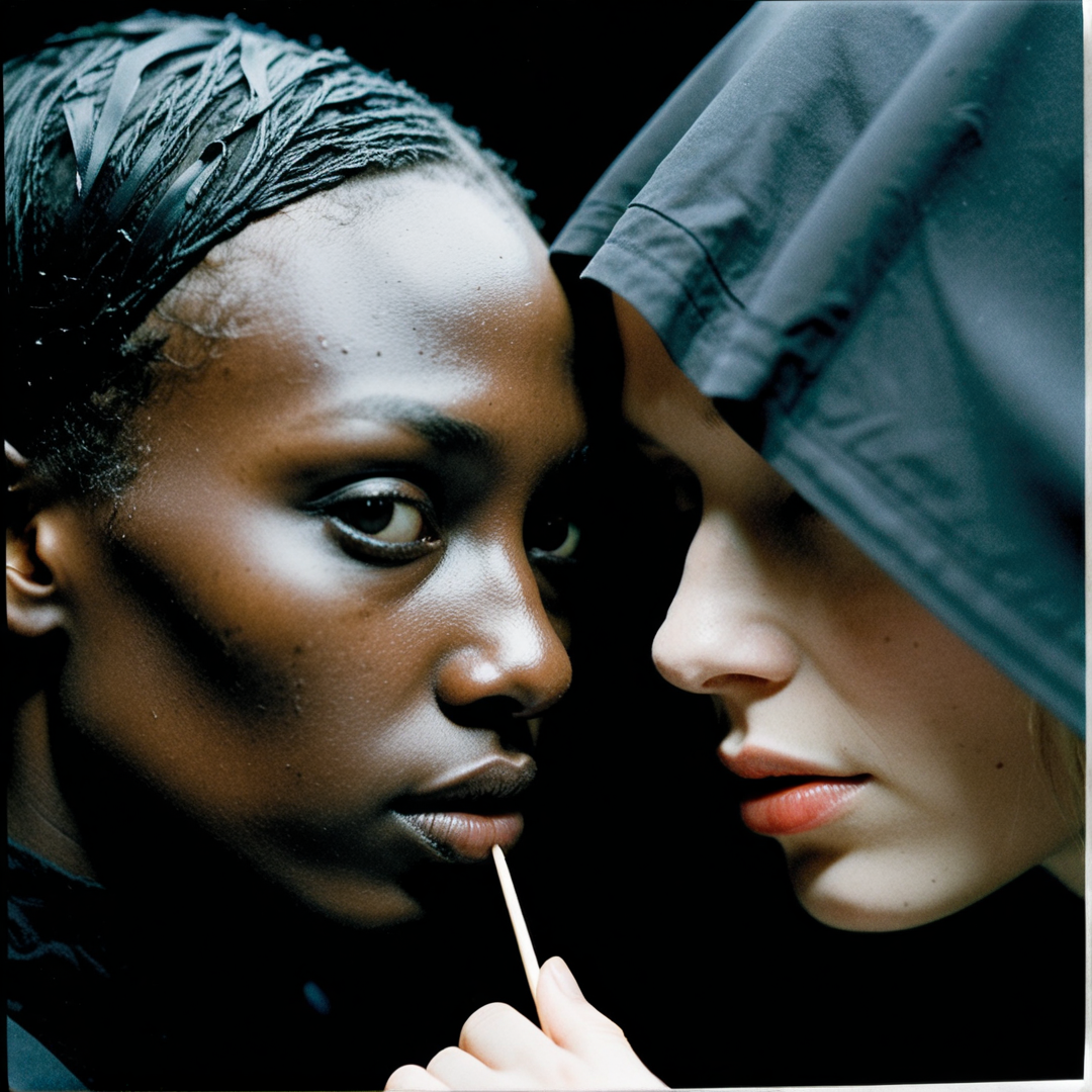 ether, professional photography, close-up, abstracted black couple, hiding, gothic art, In-depth, shot on film, Sony camera