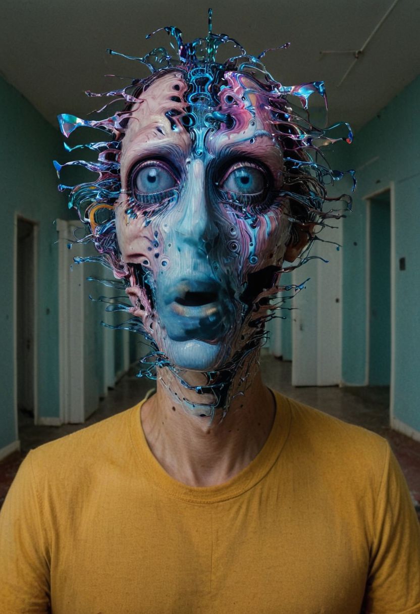 He lifts his head from his head, his eyes on strands of eyes, and in the glitch light handmade and homespun, he sees the visions of pasts lost in enigmatic phantoms and holographic seperate faces of light, each slice of light and matter a unique topology