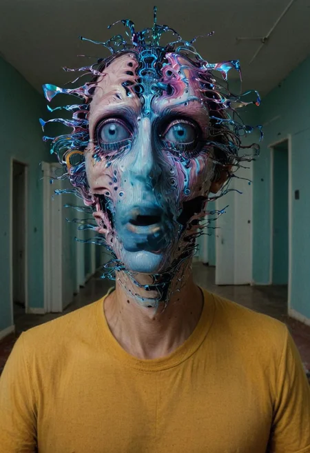 He lifts his head from his head, his eyes on strands of eyes, and in the glitch light handmade and homespun, he sees the visions of pasts lost in enigmatic phantoms and holographic seperate faces of light, each slice of light and matter a unique topology