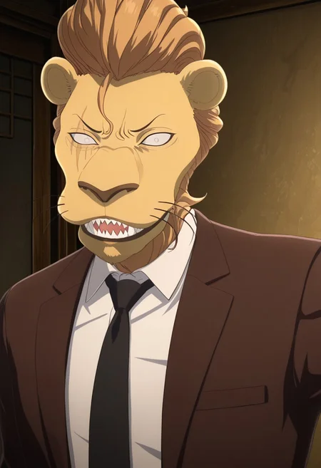 masterpiece, best quality, amazing quality, very aesthetic, absurdres, newest,  high quality, detailed, male, solo male, FreeBeastars, 1boy, mature male, male, athletic build, anthro, lion, light golden-yellow fur, strawberry-blond hair, pompadour, animal ears, white eyes, scar over right eye, white dress shirt, brown suit jacket, black tie, close up, bust shot, looking at viewer, sharp teeth