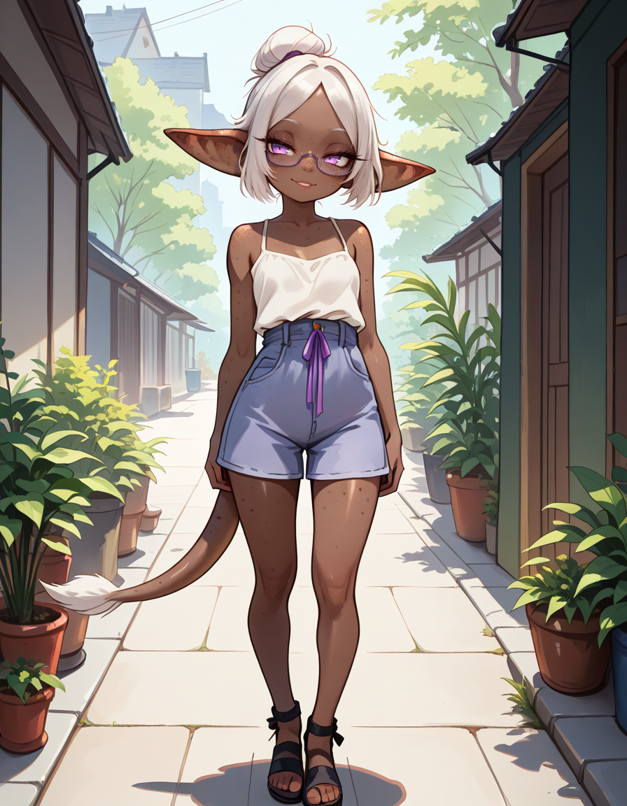 masterpiece, best quality, very aesthetic, absurdres,
outdoors, casual, 
full body, standing, posing, 
seductive smile, parted lips, long eyelashes,
 <lora:Gobi_v01_NAIXL:1>
G0b1,1girl,solo,goblin girl,dark-skinned female,pointy ears,short hair,white hair,single hair bun,ponytail,purple eyes,semi-rimless eyewear,freckles,colored skin,tail,