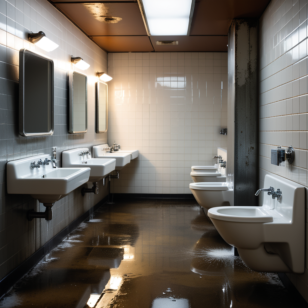 The interior of a public restroom with a utilitarian and slightly neglected design. The walls are covered in plain, slightly stained white tiles, some of which are cracked or chipped. The floor consists of large, dull gray tiles with faint scuff marks and small puddles of water near the sinks. On one side of the room, a row of metal bathroom stalls with scratched doors and faded paint lines the wall. On the opposite wall, a series of wall-mounted urinals made of white ceramic are spaced evenly, each with a metallic flush handle above. Some urinals have faint stains and water streaks, with one having a small puddle beneath it. A row of sinks with old, slightly rusted faucets sits beneath a large, streaked mirror that has smudges and water spots. Above, fluorescent tube lights buzz faintly, casting a cold, sterile glow over the space. A faint smell of cleaning chemicals lingers in the air, mixed with the dampness of the room. A hand dryer is mounted on the wall near the entrance, and a trash bin overflowing with crumpled paper towels stands nearby. The atmosphere feels functional but slightly neglected, emphasizing its everyday use.
<lora:SDXLFaeTastic2400:0.4> <lora:extremely_detailed:0.4> extremely detailed, Masterpiece,best quality,hi res,8k,hi res,8k,award winning,(sharp focus, intricate, highly detailed),
