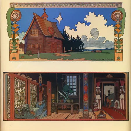 <lora:ivan-bilibin_pony_v1:1> ' asuka ' by bilibin ivan in 1911,design \(genre\),art nouveau \(modern\) \(style\), old Houses, score_9, score_6_up, score_7_up
