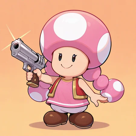 best quality, newest, absurdres, highres, mario_\(series\), orange background, gradient, no ears, 1girl, solo, <lora:IL_Toadette_SM:1>, toadette, pink cap, twintails, pink dress, red vest, black eyes, dot eyes, white pants, brown shoes, cute, smile, holding gun, pistol, fists