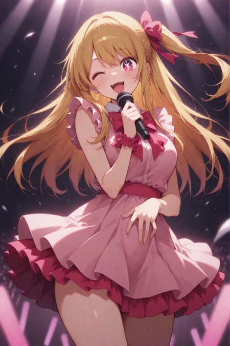 masterpiece best quality, absurdres very aesthetic, general, depth of field,intricate details, clean outline, thick lines, clear-edged_thin-outline,
hoshino ruby, (oshi no ko),b-komachi \(new\) idol costume,, a high-teens cute girl on the stage, ;D,she is the top idol,
(on the stage in background),,holding a microphone with left hand, singing, red glow stick,
from front view, medium full shot, cinematic angle and shot, <lora:aesthetic_anime_v1s:0.6>