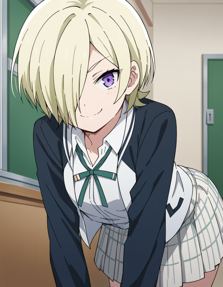 score_9, score_8_up, score_7_up, source_anime, <lora:mia-taylor-s2-ponyxl-lora-nochekaiser:1>, mia taylor, short hair, blonde hair, purple eyes, hair over one eye,, skirt, shirt, ribbon, school uniform, collared shirt, plaid, black shirt, neck ribbon, plaid skirt, white skirt, jacket, checkered skirt, nijigasaki academy school uniform,, indoors, bent over, smile, smug, looking at viewer, solo,, cowboy shot, dutch angle