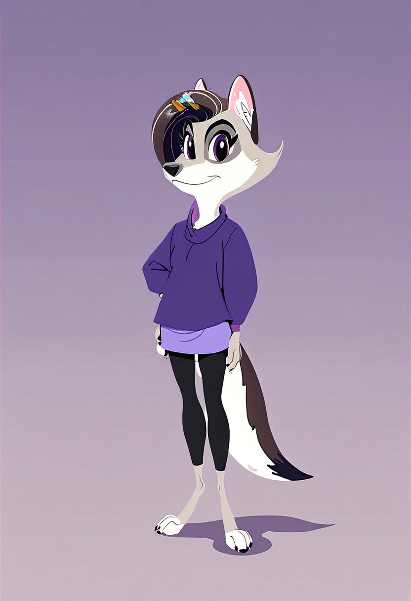 score_9,score_8,score_7,source_furry,
v10l3tw0lf,
furry female, violet_wolf, violet_wolf_great_wolf_lodge, wolf girl, female, 1girl, solo, tail, animal ears, furry, claws, hair ornament, looking at viewer, sweater, purple eyes, simple background, long sleeves, multicolored hair, hairclip, body fur, artist name, barefoot, purple shirt, official art, official style,
Stable_Yogis_PDXL_Positives,