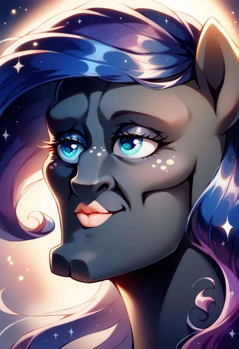 score_9, score_8_up, score_7_up, source_pony, beautiful Female cosmic pony goddess, feral pony, smiling, sparkling black skin, glowing blue eyes, long cosmic blue hair, freckles over nose, freckles on cheeks, (indirect lighting, light bloom, volumetric lighting, subsurface scattering:1.2), (detailed image, high resolution, 5k resolution:1.0), (detailed anime art style:1.0)