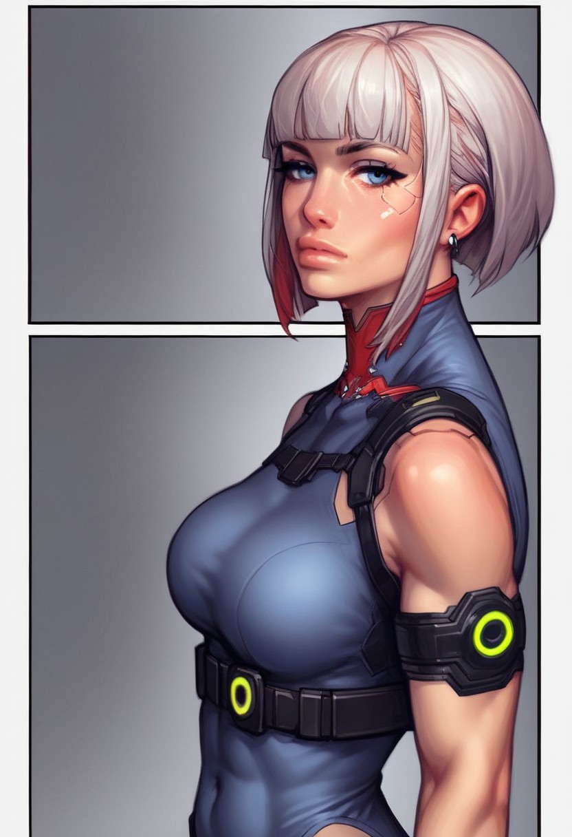 (((side view, beauty young clean face))),
comic style, looking at viewer, highly detailed, source_comic_illustration, from front, 1girl, illustration, comic style, looking at viewer, highly detailed, source_comic_illustrationskinny, looking at viewer, 1girl, masterpiece, best quality, cowboy shot, girl, realistic drawing, anime, by Sam Yang, sharp highly detailed 2d illustration, comic art, (hyperrealism, soft light, sharp), 
BREAK
HEZI,Valenlott style,European and American cartoon character design,cutting,dividing,angular,features,(Cyberpunk:1.5),(Character design:1.2),science fiction,game characters,1girl,solo,gloves,high heels,full body,boots,jewelry,earrings,breasts,pants,standing,high heel boots,medium hair,white hair,bare shoulders,(((bob hair))),bandaid,grey bodysuit,looking at viewer,black gloves,grey eyes,cyberpunk,muscular,bandaid on face,armored boots,arm strap,pouch,black pants,goggles,parted lips,sleeveless,tattoo,short hair,medium breasts,grey hair,bodysuit,cyborg,holster,covered navel,bangs,leotard,muscular female,grey footwear,grey gloves,respirator,tight,blue eyes,rifle,armor,sword,white background,knife,prosthesis,closed mouth,skin tight,knee boots,mask,belt,mask around neck, <lora:HEZI char design V2-000012:0.7>
BREAK
strange world background score_9, score_8_up, score_7_up, score_6_up, source_cartoon, rating_explicit, Expressiveh, (((((upper body))))), ((most beautiful girl, dynamic angle)))