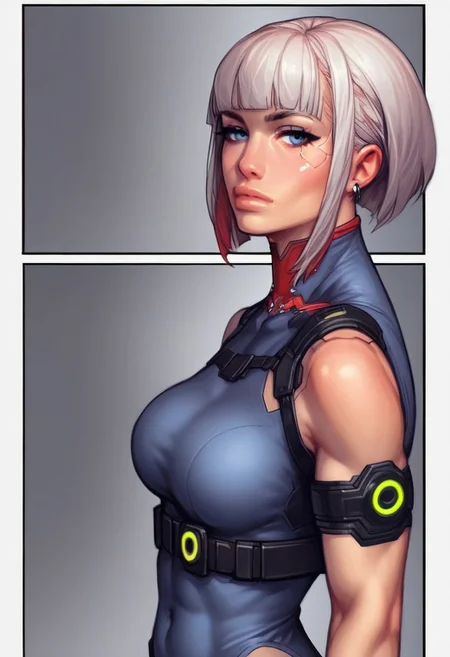 (((side view, beauty young clean face))),
comic style, looking at viewer, highly detailed, source_comic_illustration, from front, 1girl, illustration, comic style, looking at viewer, highly detailed, source_comic_illustrationskinny, looking at viewer, 1girl, masterpiece, best quality, cowboy shot, girl, realistic drawing, anime, by Sam Yang, sharp highly detailed 2d illustration, comic art, (hyperrealism, soft light, sharp),
BREAK
HEZI,Valenlott style,European and American cartoon character design,cutting,dividing,angular,features,(Cyberpunk:1.5),(Character design:1.2),science fiction,game characters,1girl,solo,gloves,high heels,full body,boots,jewelry,earrings,breasts,pants,standing,high heel boots,medium hair,white hair,bare shoulders,(((bob hair))),bandaid,grey bodysuit,looking at viewer,black gloves,grey eyes,cyberpunk,muscular,bandaid on face,armored boots,arm strap,pouch,black pants,goggles,parted lips,sleeveless,tattoo,short hair,medium breasts,grey hair,bodysuit,cyborg,holster,covered navel,bangs,leotard,muscular female,grey footwear,grey gloves,respirator,tight,blue eyes,rifle,armor,sword,white background,knife,prosthesis,closed mouth,skin tight,knee boots,mask,belt,mask around neck, <lora:HEZI char design V2-000012:0.7>
BREAK
strange world background score_9, score_8_up, score_7_up, score_6_up, source_cartoon, rating_explicit, Expressiveh, (((((upper body))))), ((most beautiful girl, dynamic angle)))