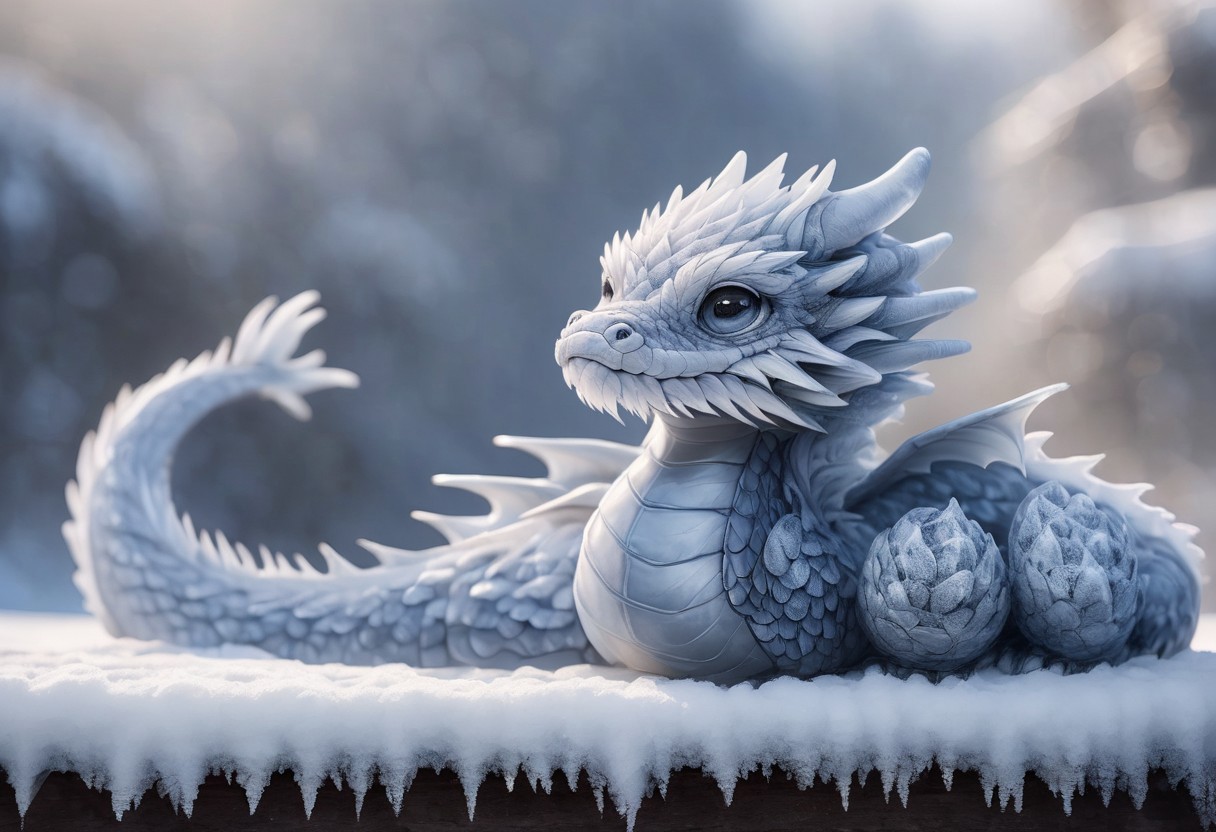 very tiny ice dragon, body made of ice, curled up sleeping, cute and adorable, big eyes, hyperrealistic, fantasy, snow, snowing, depth of field, heavy contrast, emb-drgn, dragon, haohaovietnam,