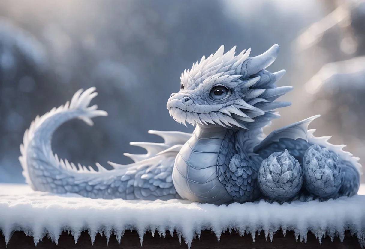 very tiny ice dragon, body made of ice, curled up sleeping, cute and adorable, big eyes, hyperrealistic, fantasy, snow, snowing, depth of field, heavy contrast, emb-drgn, dragon, haohaovietnam,