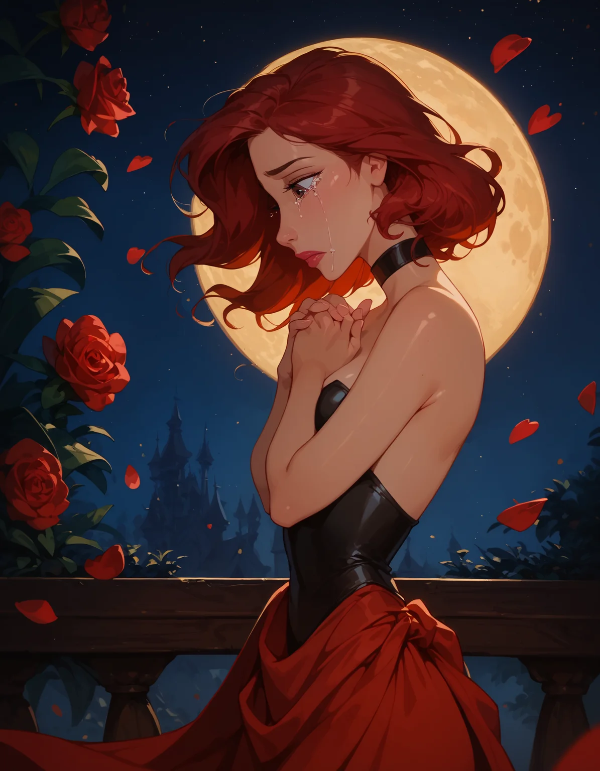 <lora:Disney_Style:.9> <lora:princess_xl_v2:.75> <lora:add-detail-xl:.9> <lora:g0th1cPXL:.3> <lora:Cherry-Gig:.45> <lora:Expressive_H:1> <lora:PLASTT_PonyV6:1> score_9, score_8_up, score_7_up, zPDXL, DisneyRenstyle, score_9,score_8_up,score_7_up,score_6_up, scenic balcony, night, moon, moon light, (red flower petals floating behind girl, floating rose petals behind girl, romantic), (((standing, 3/4 view, side view, side profile))),
1girl, attractive 18 year old, red hair, short hair, messy hair, brown eyes, (((sad expression, tears, heartbroken))), (((hands together, looking down))), (solo), (black leotard:1.2, high neck), (red sarong, black choker), shiny skin, perfect reflection, small hips, slender, hourglass figure, attractive, shiny skin, perfect reflection, small hips, slender, perfect face, perfect hands, g0thicPXL, Expressiveh,
score_9, score_8_up, score_7_up, depth of field, realistic shadow, motion lines, Expressiveh, realistic, dramatic lighting, beautiful, animation, sharp focus, award winning, masterpiece, dynamic, cinematic lighting, great attention to skin and eyes, breathtaking, exquisite, exceptional,