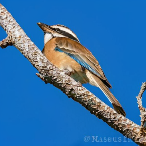 A beautiful bird on a branch against a backdrop of a clear blue sky,<lora:HMSGé¸ç±»æå½±XL-000001:0.1>,