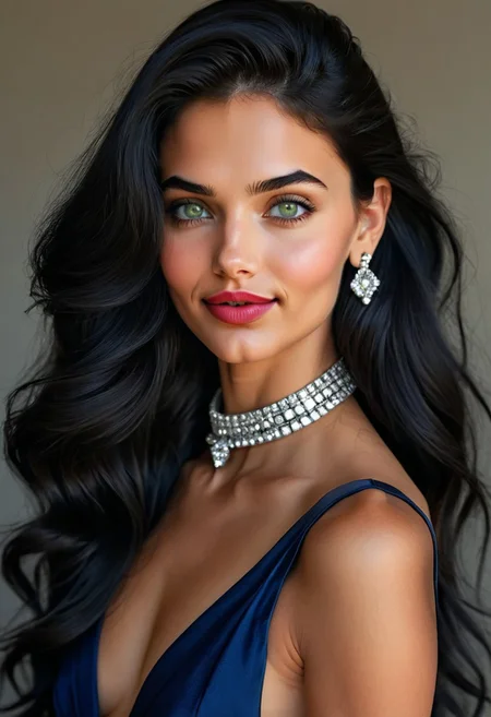 photorealistic, epic realism, (masterpiece), (Realistic photo), (High quality), (RAW photo 8k), (upper body), (Photography by Steve McCurry), incredibly absurdres, young, supermodel, 1girl, solo, ((upper body:1.4)), ((portrait, looking at the viewer)), (outline defined full lips:1.4), (green/hazel eyes), perfect symmetrical eyes, long eyelashes, wearing an indigo haute couture dress, neckline, diamond choker, diamond stud earrings, sparkle, (highly detailed, intricate), ((black hair:1.4), modern hairstyle, hair intakes, (healthy hair, silky hair, voluminous hair)), ((natural, eyeliner, pink lipstick, seductive smiling expression, closed mouth, closed lips, highly detailed face)), (exceptional Detail Clarity, dynamic angle, DSLR, hyper-detailed), (fine details, sharp focus, depth of field).
