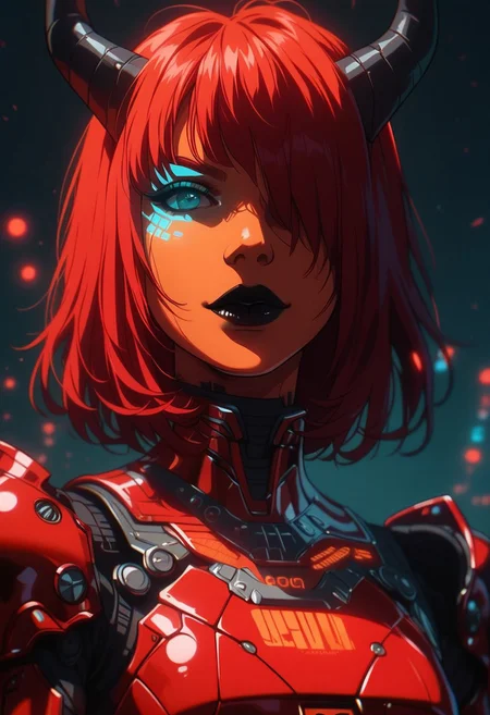 score_9, score_8_up, score_7_up, score_6_up, gundamwingcockpit, demon, horns, futuristic, scifi, red armor, small breasts, solo, medium hair, hair over one eye, gloves,  dutch angle, smirk, technology, glowing, neon, holographic display, sinozick style, orange skin, dark lips, close up, GLSHS, NEOST
