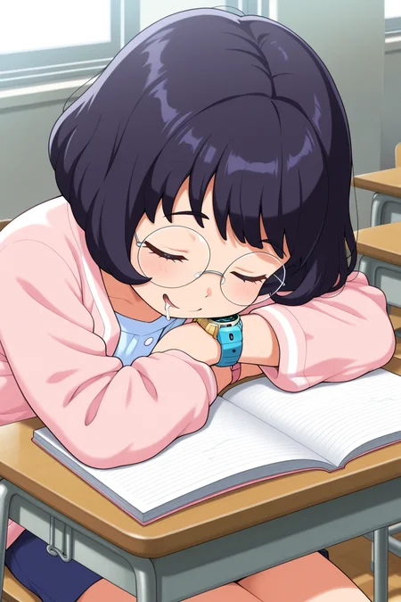 masterpiece, best quality, amazing quality, absurdres, misorainaho, short hair, glasses, round eyewear, solo, smile, upper body, sleeping, head down, head rest, drooling, sitting, light blue shirt, pink cardigan, wristwatch, indoors, classroom, school, desk, open notebook