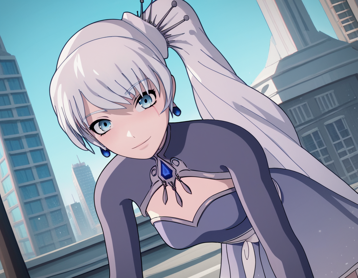 score_9, score_8_up, score_7_up, source_anime, <lora:weiss-schnee-ponyxl-lora-nochekaiser:1>, weiss schnee, long hair, blue eyes, hair ornament, ponytail, white hair, side ponytail, scar, tiara, scar on face, scar across eye,, dress, jewelry, earrings, blue dress,, cityscape, street, bent over, smile, looking at viewer, solo, cowboy shot, dutch angle