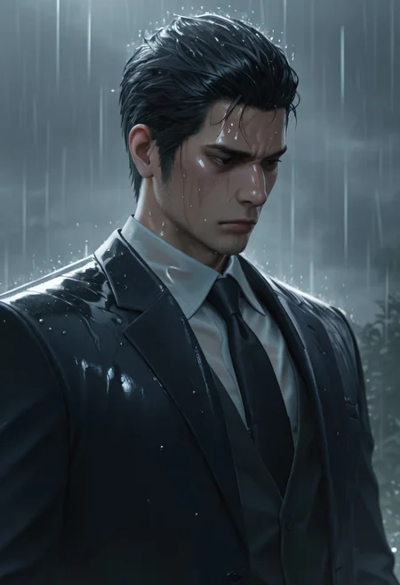 masterpiece, best quality, amazing quality, absurdres, newest, detailed background, definition so sharp, Ultra-HD, 8K cinematic, very awa, impressionate, amazing quality, highres, realistic,
solo, male focus, manly, gloomy, rain, wet, cloudy,
kiryuchan, kiryuchan_black hair, kiryuchan_black eyes, 1boy, solo, male focus, short hair, facial hair, sideburns, formal, white collared shirt, black blazer, black tie, serious face, sad face