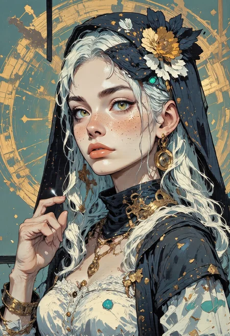 a young woman with long, silver hair featuring a bold green streak, her pale skin contrasting against her dark attire. She wears a black jacket over a black top, exuding a cool, detached vibe. Her expression is neutral, with a cigarette casually hanging from her lips. The background is a gradient of teal and green, featuring a circular pattern that subtly enhances the image's edgy atmosphere