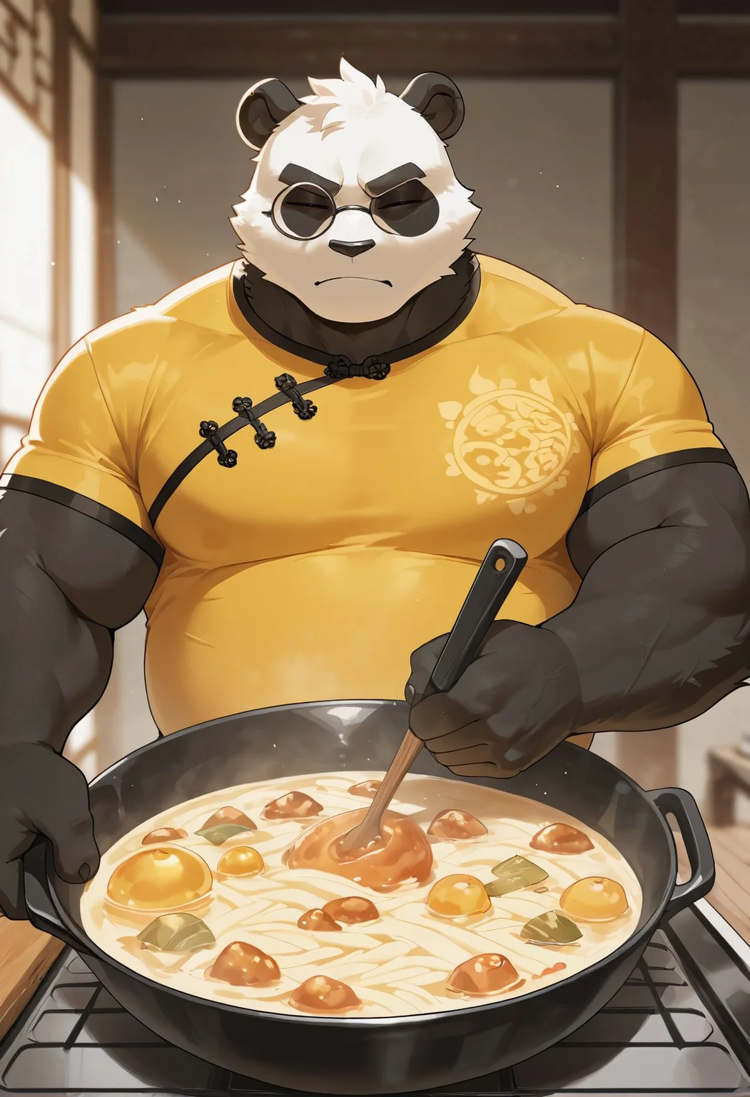 masterpiece,best quality,amazing quality,absurdres, BREAK 
1boy, bell, black fur, chinese clothes, closed eyes, furry, furry male, glaring, jingle bell, ldm0210, looking at viewer, male focus, multicolored fur, pan yinhu, panda boy, plump, round eyewear, shirt, white fur, wok, yellow shirt