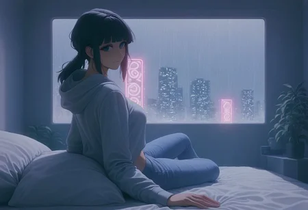 score_9,score_8_up,score_7_up,score_6_up, 1girl,
sitting in bed next to a large window, steaming coffee cup on windowsill, long hair, black hair, low ponytail hairstyle, pov from outside, view from putside the window looking into the room, looking out window, head resting on pillow laying on the bed, hoodie, plants on the windowsill, looking out the window, looking at viewer, background is the bedroom, tidy bedrrom, small room, cramped bedroom, teddies on the bed, wearing booty jeans, wearing thigh high socks, wearing crop top hoodie, snuggled up in bed, cyberpunk city view out of the window, neon light, purple neon lights, raining outside, pouring rain outside