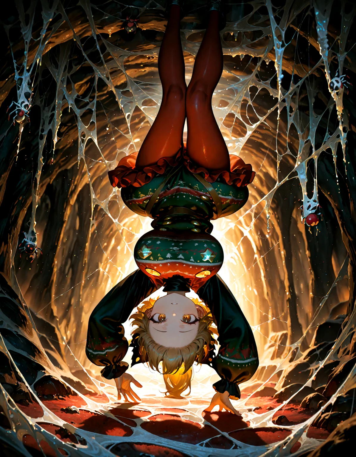 Christmas, dress, red pantyhose ,Christmas sweater,
1girl, solo, kurodani_yamame, soft lighting,looking at viewer,upside-down , cave, silk ,spider_girl ,spider_web,big breast,
masterpiece, best quality, amazing quality, very aesthetic, absurdres, newest, (volumetric lighting),
<lora:world_christmassweater:0.5>,<lora:cfg_scale_boost:0.5>, <lora:ponyv5_noobE11_1_adamW:0.5>, <lora:illustrious_noobai_epsilon_pred_1_best_quality_v1:0.5> ,<lora:illustrious_noobai_epsilon_pred_1_masterpieces_v1:0.5> ,<lora:illustrious_noobai_epsilon_pred_11_very_aesthetic_v1:0.5>